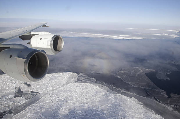 NASA's DC-8 flies over the Brunt Ice Shelf in Antarctica October 26, 2010 in this handout photo provided by NASA, March 26, 2015.  Satellite observations from 1994 to 2012 reveal an accelerating decline in Antarctica's massive floating ice shelves, with some shrinking by 18 percent, in a development that could hasten the rise in global sea levels, scientists say, according to scientists published Thursday in the journal Science.  REUTERS/Michael Studinger/ NASA/handout via Reuters  ATTENTION EDITORS - FOR EDITORIAL USE ONLY. NOT FOR SALE FOR MARKETING OR ADVERTISING CAMPAIGNS. THIS PICTURE WAS PROVIDED BY A THIRD PARTY. REUTERS IS UNABLE TO INDEPENDENTLY VERIFY THE AUTHENTICITY, CONTENT, LOCATION OR DATE OF THIS IMAGE. THIS PICTURE IS DISTRIBUTED EXACTLY AS RECEIVED BY REUTERS, AS A SERVICE TO CLIENTS - RTR4V0VR